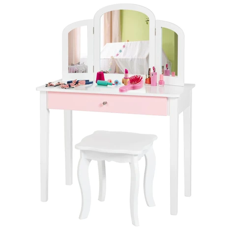Gyermek fésülködőasztal 2 az 1-ben háromrészes összecsukható tükörrel és fiókkal fehér színben