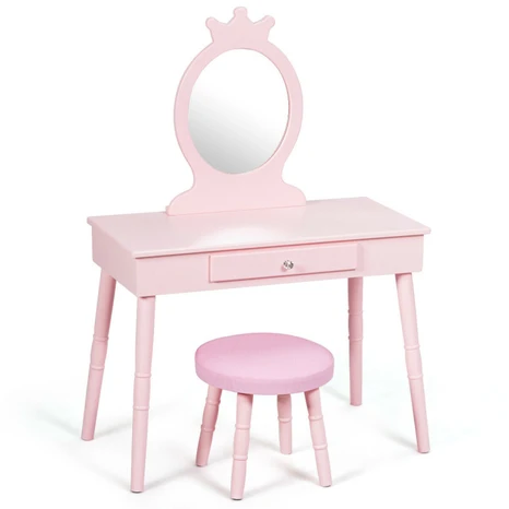 Gyerek fésülködőasztal székkel, levehető tükörrel rózsaszín színben