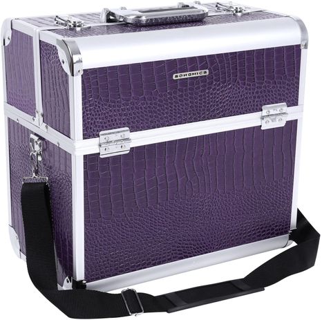 Hordozható koffer ékszerekhez és kozmetikai szerekhez két színben, fekete, lila, zárható